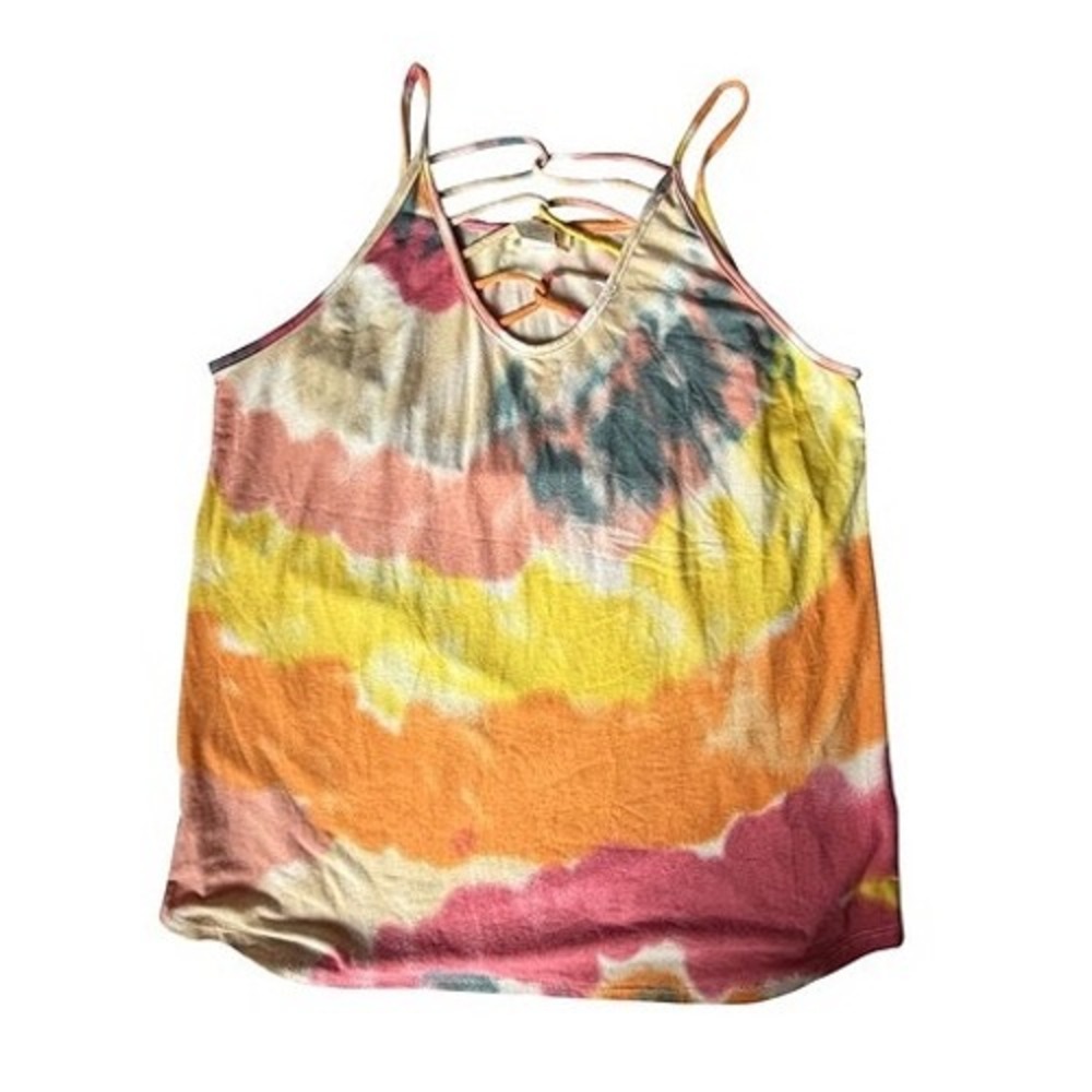 BIBI Tie Dye Strappy Lattice Neck Tank Top Multicolor Boho Sleeveless Large